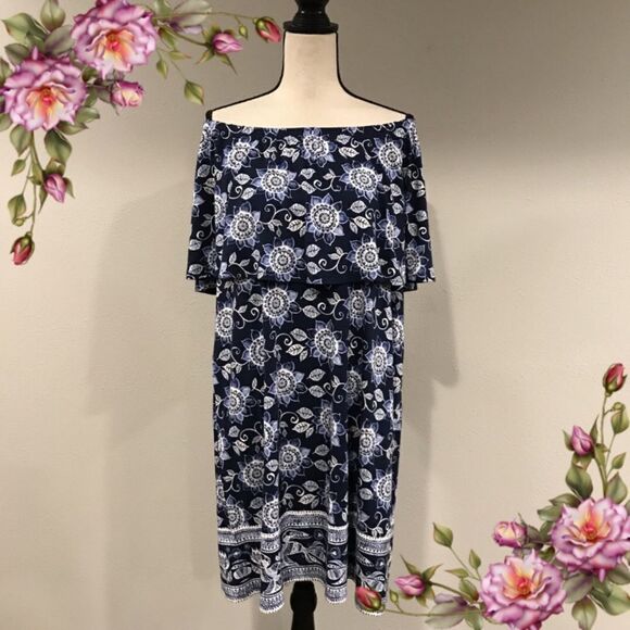 J. Jill floral off shoulder navy midi dress - Picture 1 of 13